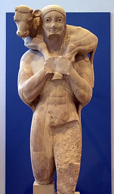 The Moschophoros or calf-bearer, c. 570 BC, Athens, Acropolis Museum.