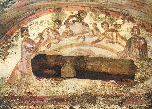 Fresco of a banquet at a tomb in the Catacomb of Saints Marcellinus and Peter, Via Labicana, Rome.