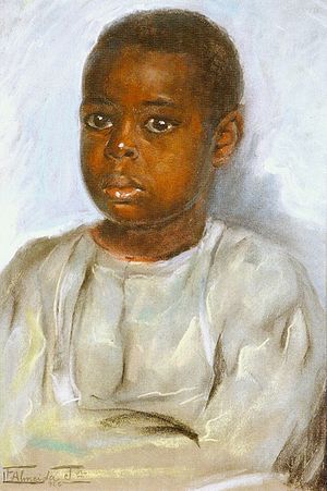 A pastel portrait of young black boy dressed in a white shirt