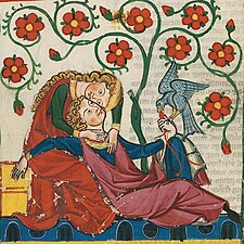 Codex Manesse – minnesänger Konrád s milenkou a dravým ptákem. Může se jednat o Fridricha a Blanku.[1]