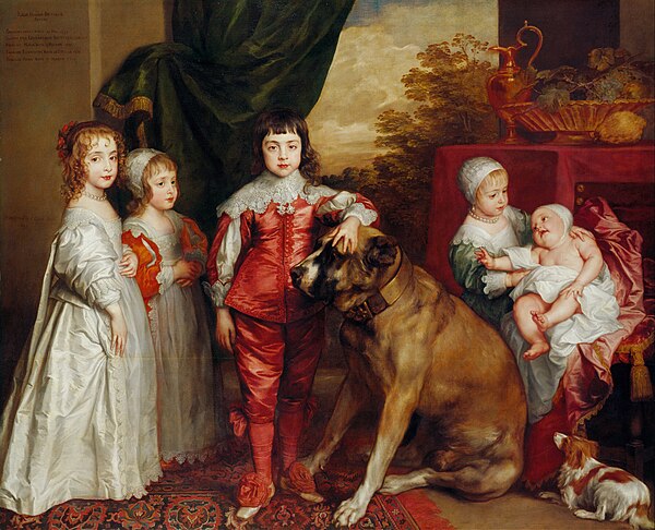 Five children of King Charles I of England (1637) by Anthony van Dyck, featuring a spaniel of the era at the bottom right