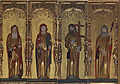 Apostelfigurer med posebøker. Bildet er klippet sammen av fire deler - de er ikke plassert slik på altertavlen. Fra venstre: Judas Thaddeus, Mattheus, Filip og Thomas