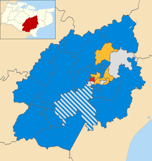 Map of the results of the 2007 Ashford council election. Conservatives in blue, Liberal Democrats in yellow, Independents in grey and Labour in red.