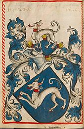 Coat of arms of Baldeck (a baronial family of Wurttemberg) in Scheiblersches Wappenbuch (15th century) Baldeck Scheibler76ps.jpg