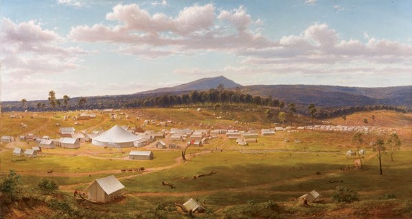Ballarat's tent city just a couple of years after the discovery of gold in the district. Oil painting from an original 1853 sketch by Eugene von Guera