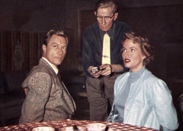 Richard Denning and Barbara Britton on the set of the television show