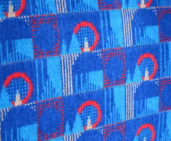 A Transport for London moquette seat covering in the 2011 Barman design, named after Christian Barman, who commissioned the first moquettes for the London Underground in 1936.