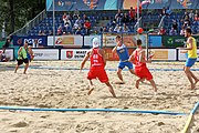 Deutsch: Beachhandball Europameisterschaften 2019 (Beach handball Euro); Tag 3: 4. Juli 2019 – Männer, Hauptrunde Gruppe II, Polen-Ukraine 2:0 (24:13, 23:22) English: Beach handball Euro; Day 3: 4 July 2019 – Men Main Round Group II – Poland-Ukraine 2:0 (24:13, 23:22)