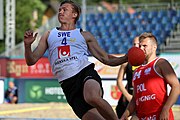 Deutsch: Beachhandball Europameisterschaften 2019 (Beach handball Euro); Tag 1: 2. Juli 2019 – Männer, Vorrunde Gruppe D, Polen-Schweden 2:1 (18:10, 15:9; 8:6) English: Beach handball Euro; Day 1: 2 July 2019 – Men Preliminary Round Group D – Poland-Sweden 2:1 (18:10, 15:9; 8:6)