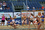 Deutsch: Beachhandball Europameisterschaften 2019 (Beach handball Euro); Tag 5: 6. Juli 2019 – Frauen, Halbfinale, Ungarn-Niederlande 2:0 (19:16, 15:12) English: Beach handball Euro; Day 5: 6 July 2019 – Semifinal Women – Hungary-Netherlands 2:0 (19:16, 15:12)