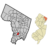 Location of Teterboro in Bergen County highlighted in red (left). Inset map: Location of Bergen County in New Jersey highlighted in orange (right).