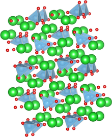 Low-temperature Ba2TiO4 - TiO4 tetrahedra shaded blue; Ba atoms green; O atoms red Beta-Barium Orthotitanate crystal structure.png