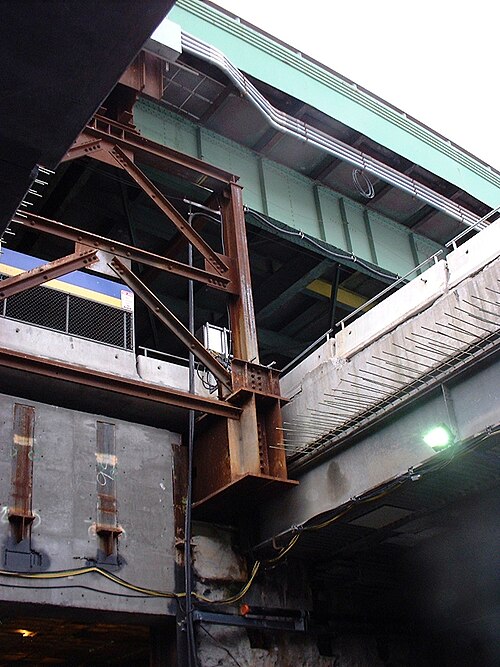 Temporary supports hold up elevated Central Artery during construction.