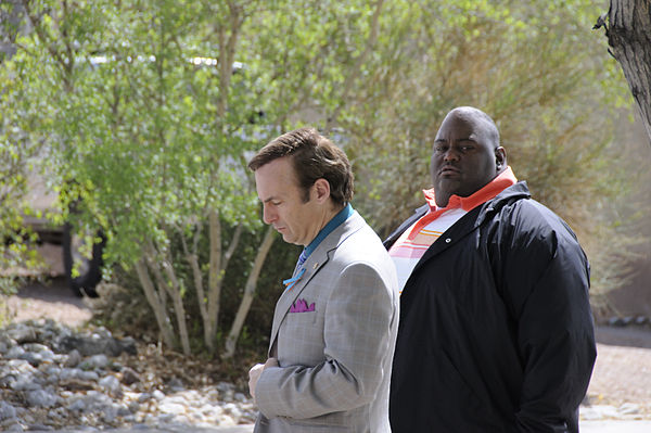 Odenkirk (left) and Lavell Crawford as Saul Goodman and Huell Babineaux during the filming of the fourth season of Breaking Bad