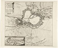 Map showing the bombardment of Arras, 1712 Bombardement van Arras, 1712 Plan de la Ville et Cittadelle d'Arras et du Bombardement fait par les Troupes des Alliez Sous le Comandement de Mylord Albemarle le 2. et 3. de Mars 1712. pour bruler les Magasins des Franc, RP-P-AO-19-7.jpg