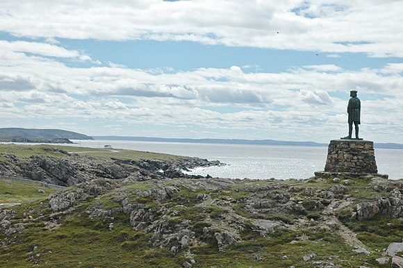 A statue of John Cabot gazing across Bonavista Bay in eastern Newfoundland