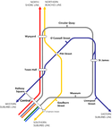 The original railway network for the Sydney CBD planned by John Bradfield, (left) and the network as it is today. The City Circle was built as planned and the Eastern Suburbs railway was built to a different alignment, though the Northern Beaches and Southern Suburbs line was never built.