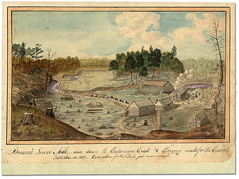 Brewer's Lower Mill – view down the Cataraqui Creek and clearing made for the Rideau Canal, 1829 by Thomas Burrowes