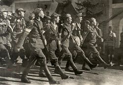 Vojaki poljske Gorske brigade Svetega križa na paradi leta 1945