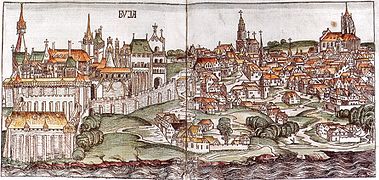 Buda en 1493, avec le château à gauche.