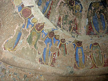 A section of the earliest discovered oil paintings (~ 650AD) depicting buddhist imagery in Bamiyan, Afghanistan Buddhas of Bamiyan.jpg