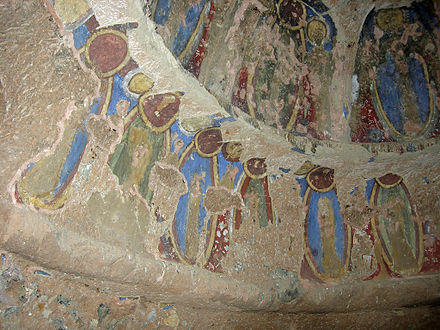 A section of the earliest discovered oil paintings (~ 650AD) depicting buddhist imagery in Bamiyan, Afghanistan