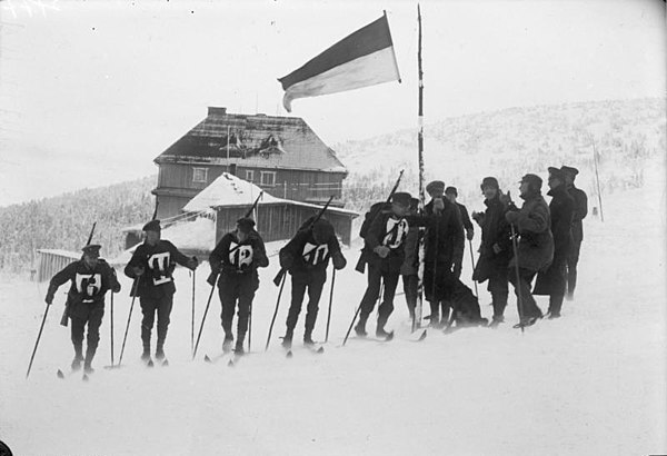 German Reichswehr military patrol on skis training in the Giant Mountains, January 1932.