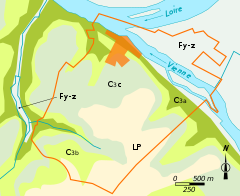 Weergave van een kaart die een gemeentelijk grondgebied verdeelt in grote geologische zones van verschillende kleuren.