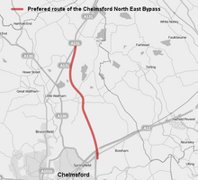 Map of route for the proposed new Chelmsford bypass Chelmsford North East Bypass.png
