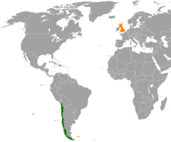 Mapa označující umístění Chile a Velké Británie