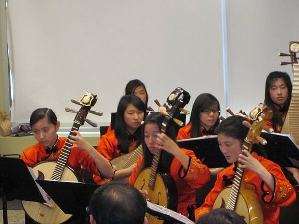 Musicians in a plucked string section in a Chinese orchestra.