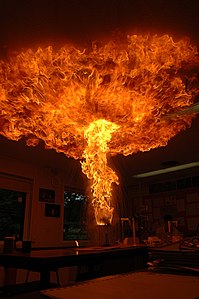 The plume rises and spreads against the ceiling; hopefully nothing flammable is in the way