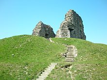 The keep on top of its steep motte. Christchurch Castle Keep and Motte.JPG