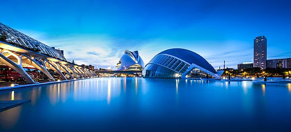 Ciutat de les Arts i les Ciències (City of Arts and Sciences) at night, Valencia, Spain