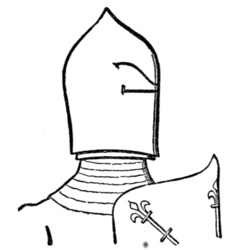 Fig. 571.—Helmet of Hamelin, Earl of Surrey and Warenne (d. 1202). (From MS. Cott., Julius, C. vii.)