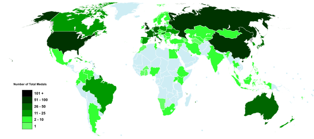 Map displaying countries by number of medals won during 2020 Summer Olympics.