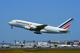 Air France Airbus A380 is departing at Tokyo Narita Airport for Charles de Gaulle Internatinal Airport.