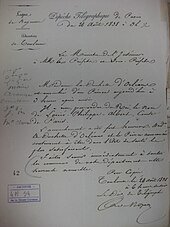 A Chappe Telegraph dispatch sent on 24 August 1838 from Paris to Toulouse announcing the birth of the first son of the Duc d'Orleans. The message was transmitted in two and a half hours. Depeche telchappe.jpg