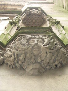 One of the two heads of Green Men, one each side of the main west entrance of Derby Cathedral Derby Cathedral, England, Carved Green Man 1.JPG