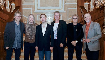 Current members of Deep Purple with then-Russian President Dmitry Medvedev in 2011