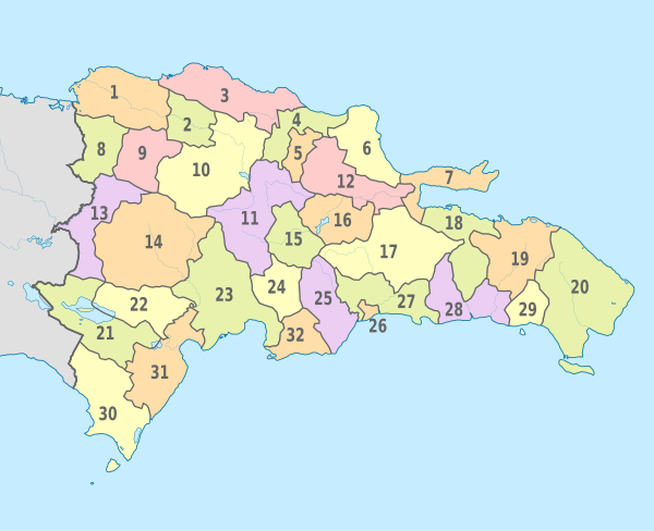 Dominican Republic, administrative divisions - Nmbrs - colored.svg