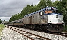 A typical Downeaster consists of 4 coaches, a business/café car and a NPCU, drawn by a GE Genesis P42