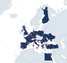 Mapa da Europa, em azul estão representados todos os países em que a EUROAVIA tem no mínimo uma AS. Também é possível visualizar pin's que representam as AS em questão.