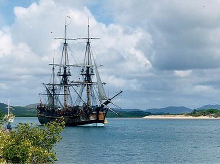 HM Bark Endeavour replica in Cooktown harbour – anchored where the original Endeavour was beached for seven weeks in 1770