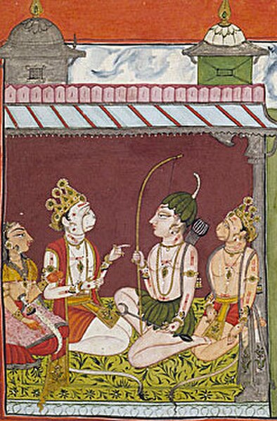 Lakshmana Meets with Tara (leftmost), her husband Sugriva (2nd from left) and Hanuman (rightmost) in the Palace of Kishkinda