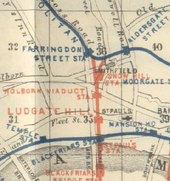 Early 20th century map showing Blackfriars station, then called St Paul's, and Blackfriars Bridge station south of the river, alongside Ludgate Hill and Holborn Viaduct Extract of 1889 Railway Map Showing Ludgate Hill & Holborn Viaduct stations.png