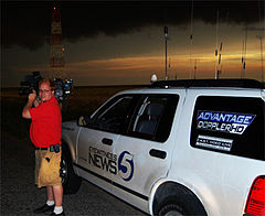 One of KOCO-TV's stormchasing vehicles outside the station's studios in Oklahoma City; as of April 18, 2013, KOCO no longer utilizes the Eyewitness News name (having rebranded as KOCO 5 News). The vehicle also features one of their Doppler weather radar brands. Eyewitness news5.jpg