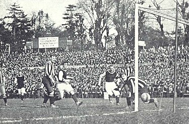 Harry Hampton scores one of his two goals in the 1905 FA Cup Final, when Aston Villa defeated Newcastle United FACupFinal1905NewcastleVilla.jpg