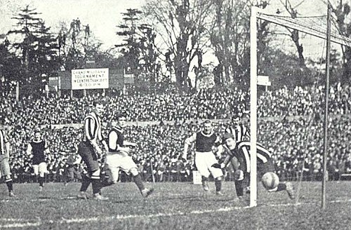 Harry Hampton scores one of his two goals in the 1905 FA Cup Final, when Aston Villa defeated Newcastle United