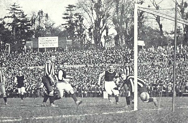 Harry Hampton of Aston Villa scores one of his two goals in the 1905 FA Cup final.